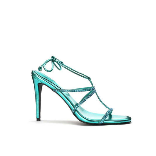 DARELLE RHINESTONE EMBELLISHED METALLIC LEATHER SANDALS IN TURQUOISE