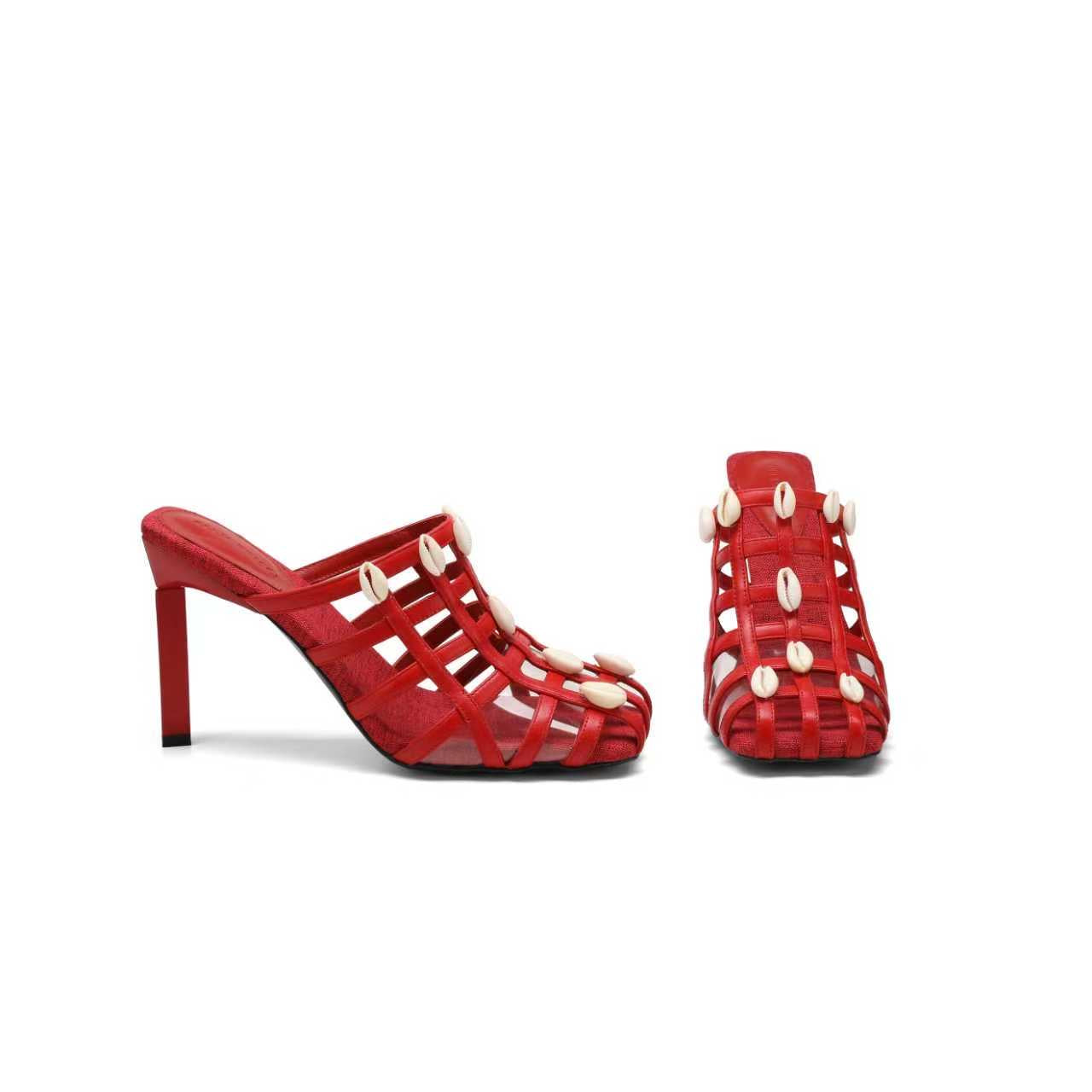 GILLI LEATHER COWRIE SHELL MULES IN RED