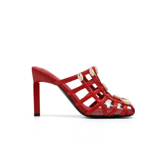 GILLI LEATHER COWRIE SHELL MULES IN RED