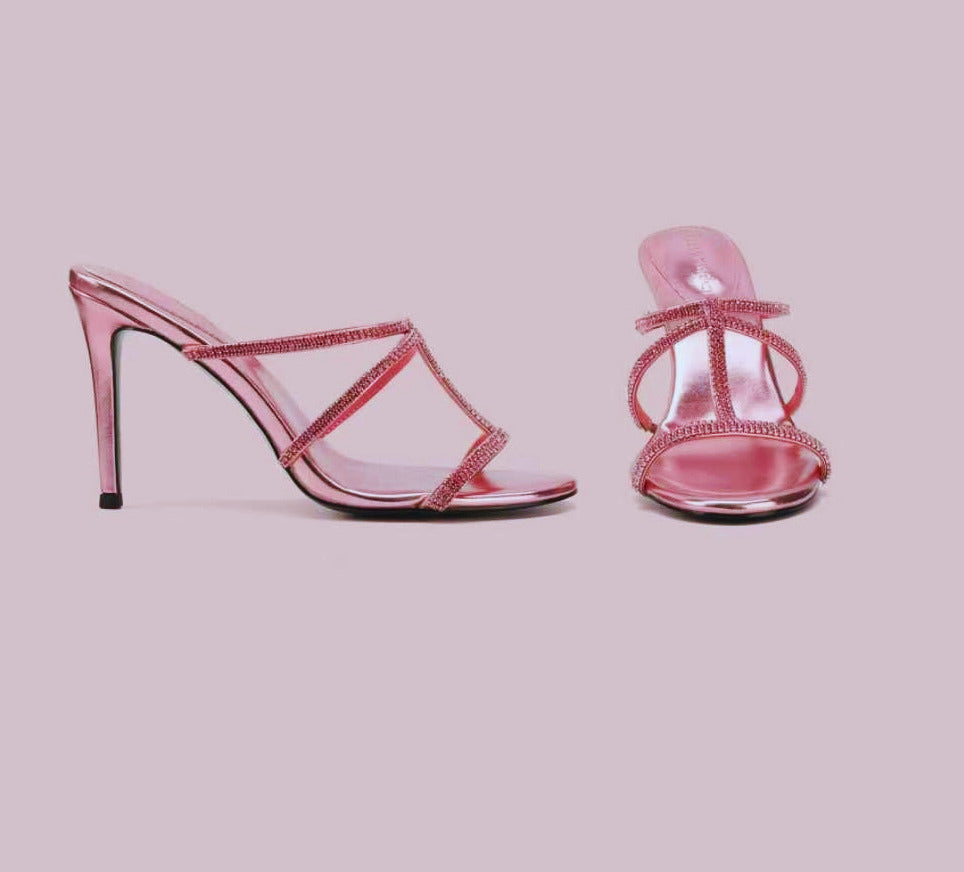 DARELLE RHINESTONE EMBELLISHED METALLIC LEATHER MULES IN PINK