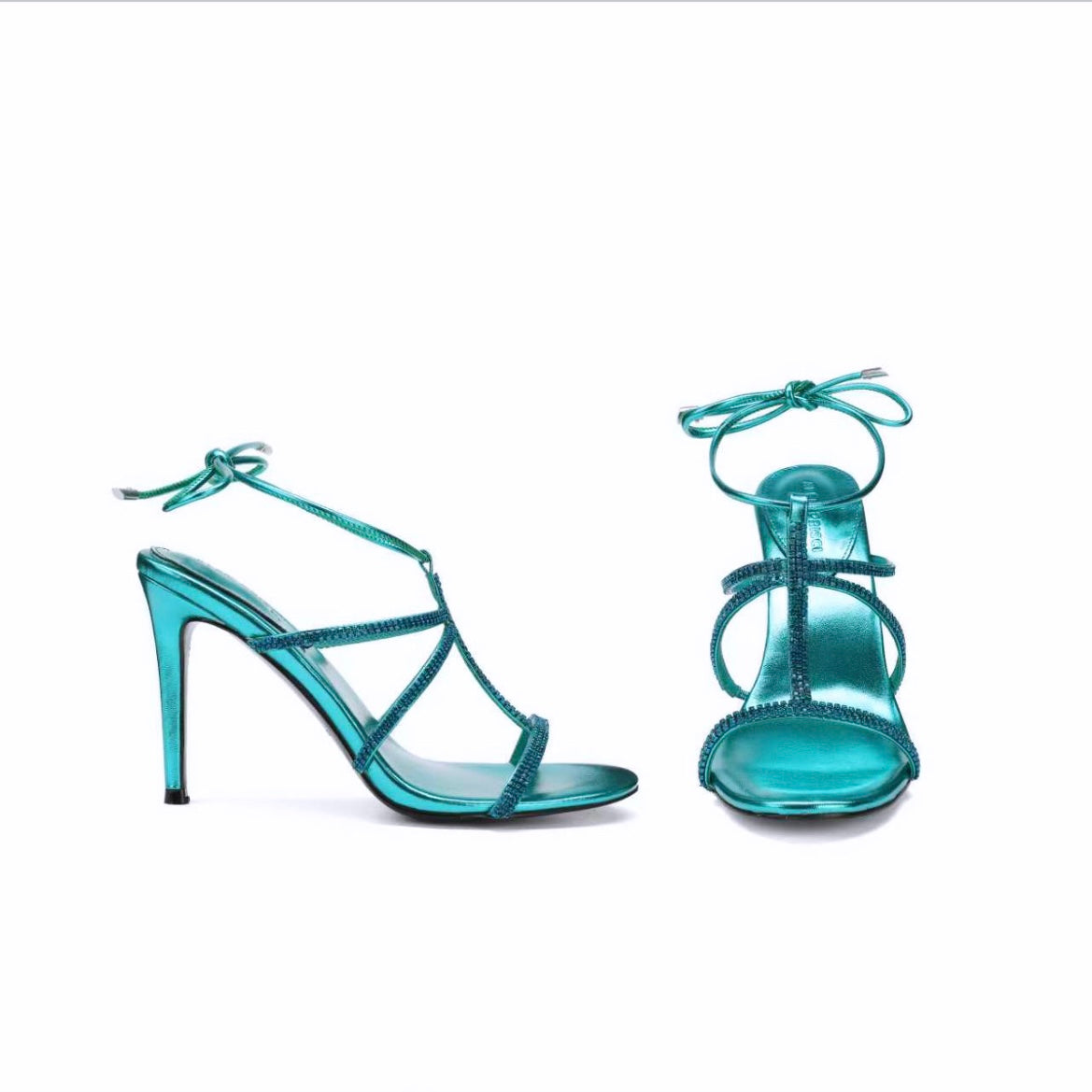 DARELLE RHINESTONE EMBELLISHED METALLIC LEATHER SANDALS IN TURQUOISE