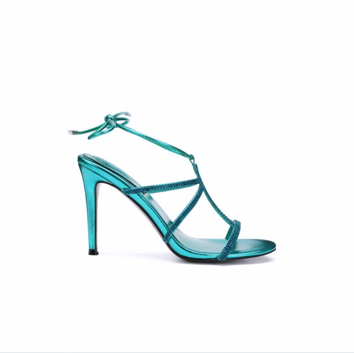 DARELLE RHINESTONE EMBELLISHED METALLIC LEATHER SANDALS IN TURQUOISE