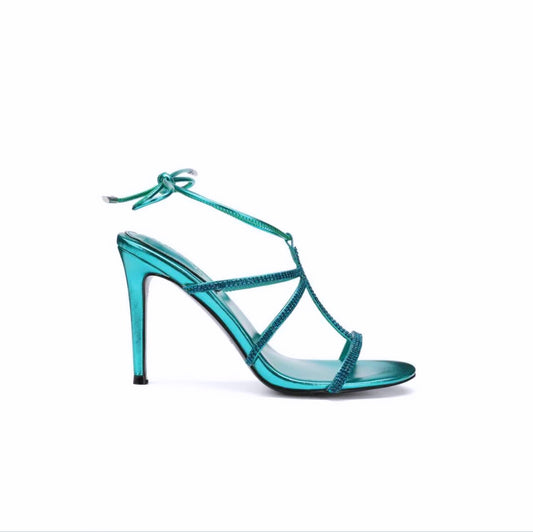 DARELLE RHINESTONE EMBELLISHED METALLIC LEATHER SANDALS IN TURQUOISE