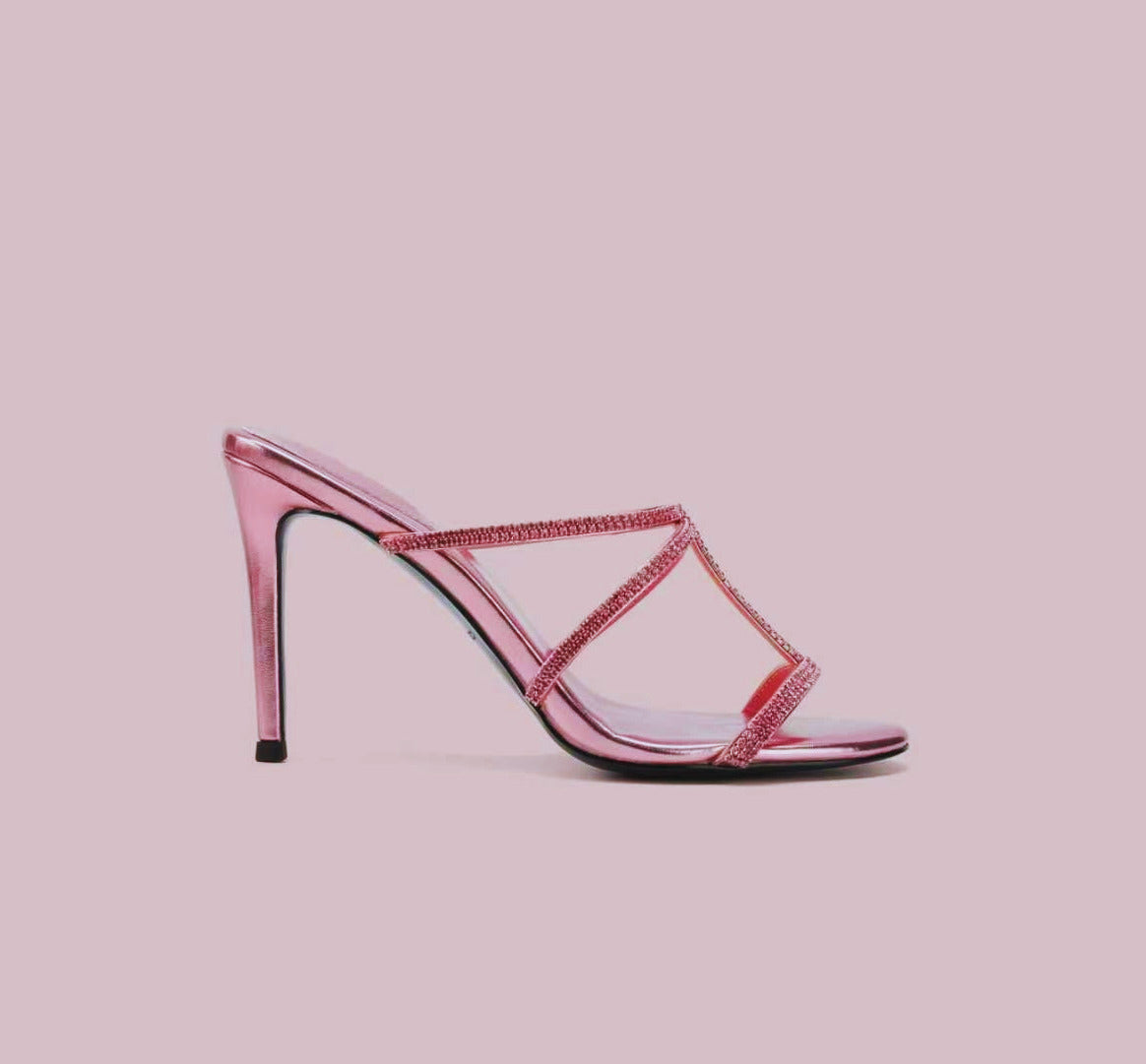 DARELLE RHINESTONE EMBELLISHED METALLIC LEATHER MULES IN PINK