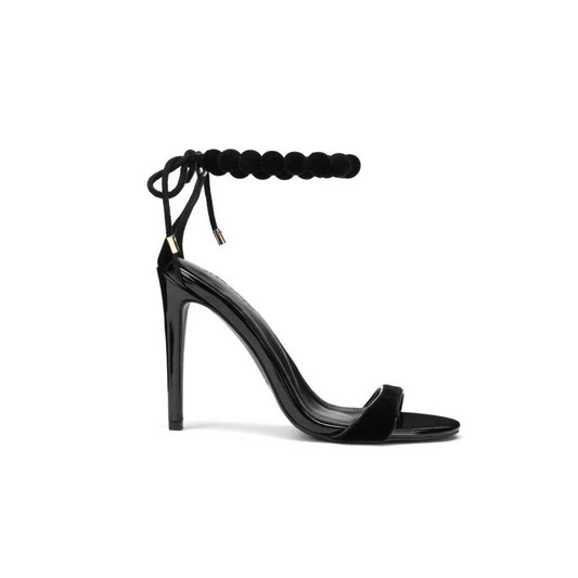 ORLOVA PATENT LEATHER AND VELVET BALL SANDALS IN BLACK
